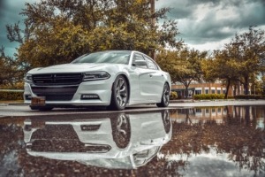 White Dodge Parked by a Puddle - Dodge Performance Chips Boost Horsepower